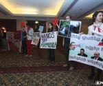 Activists entered the hall where a two-day international conference âThe establishment of Responsible Mining: Opportunities and Challengesâ was taking place at Armenia Marriott Hotel