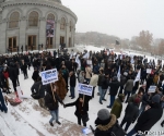 Activists protesting against the compulsory pension payments rally on Freedom Square